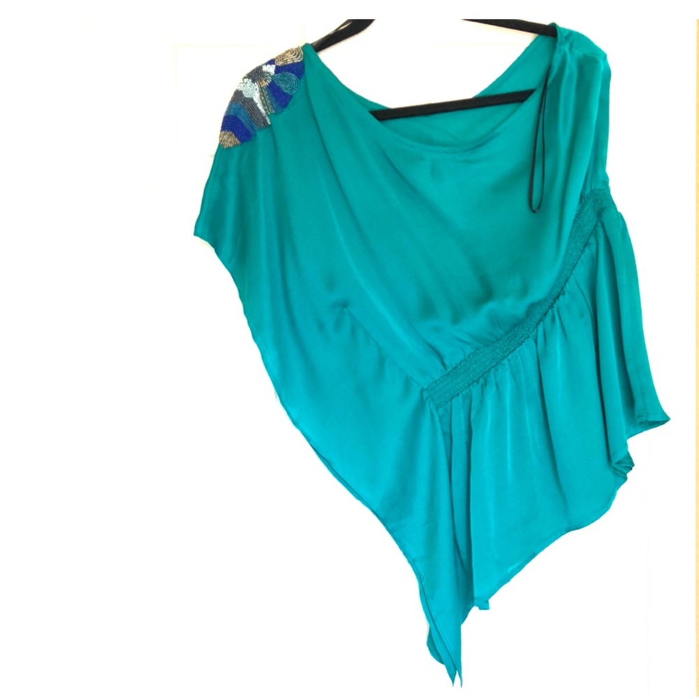 BEBE SILK BEADED ASYMMETRICAL TOP